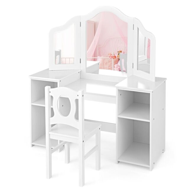 COSTWAY 2-in-1 Kids Vanity Makeup Dressing Table Set White