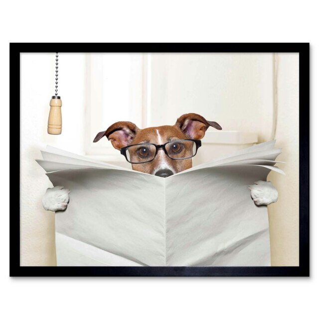 Photo Jack Russell Toilet Reading Newspaper Affiche Framed Wall Art Print