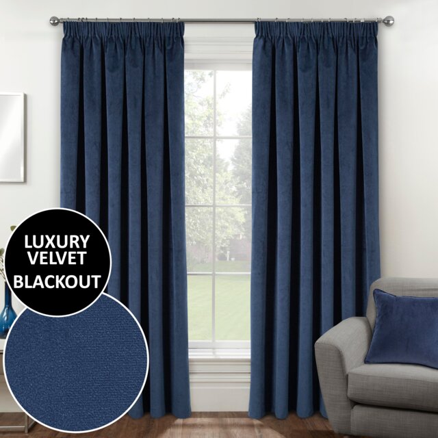 Luxury Enhanced Living Navy Velvet, Supersoft, Blackout, Thermal Curtains with Tape Top (PAIR) - 66 x 72 inch (168x183cm)