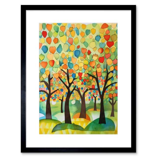 "Apple Tree Orchard Abstract Folk Art Landscape Watercolour 9x7"" Black Framed Wall Art Print"