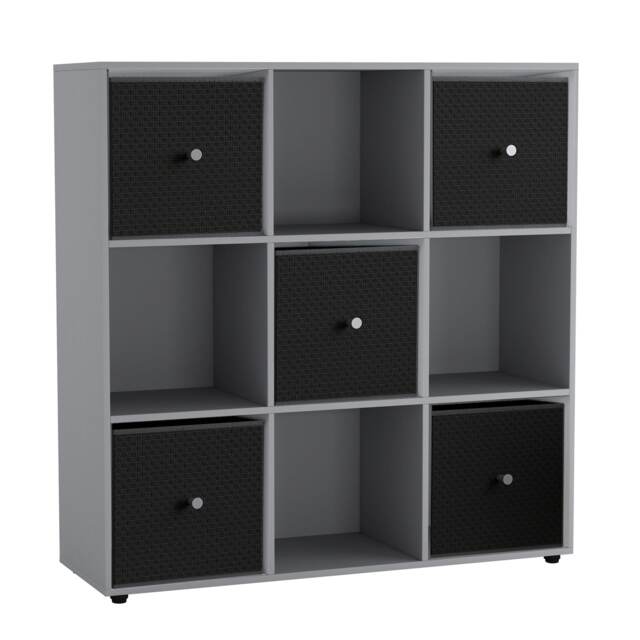 9 Cube Wooden Bookcase Shelving Unit with 5 Collapsible Fabric Drawers Multi Grey & Black 1