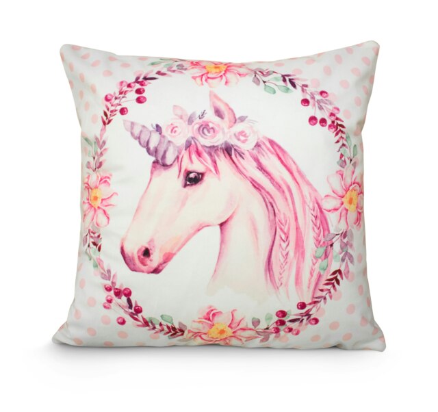 Colourful Unicorn Printed Cushion - 43cm x 43cm Multi Unicorn Pink
