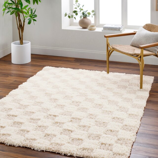 LIVABLISS Urban Shaggy-Modern Checkered Soft Plush Pile Rug 160 x 220 cm Cream Beige