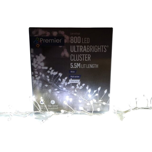 800 LED 5.5m Premier Christmas Indoor Outdoor Wire Cluster Lights with Timer in Cool White