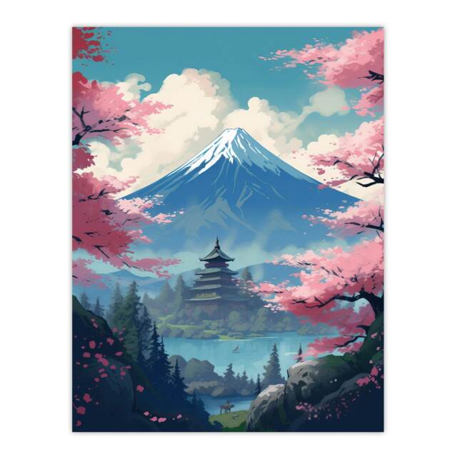 Japanese Temple Mount Fuji Lake Cherry Blossom Trees Large Wall Art Print 18x24 Inch Multi