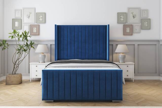"Sloomy Marlborough Navy Plush Bed Frame With 50"" Upholstered Wingback Headboard 4'6 Double"