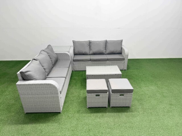 Fimous Outdoor Garden Furniture Sets 8 Seater Wicker Rattan Furniture Sofa Sets with Rectangular Coffee Table high Back Lounge Sofa Stools Side Table Light Grey