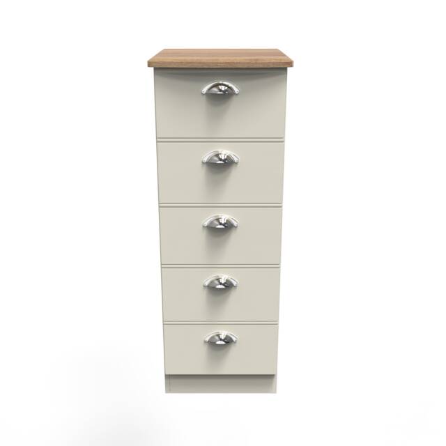 Albert 5 Drawer Tall Bedside Cabinet in Cream Ash & Riviera Oak (Ready Assembled) Cream Cream Ash & Riviera Oak