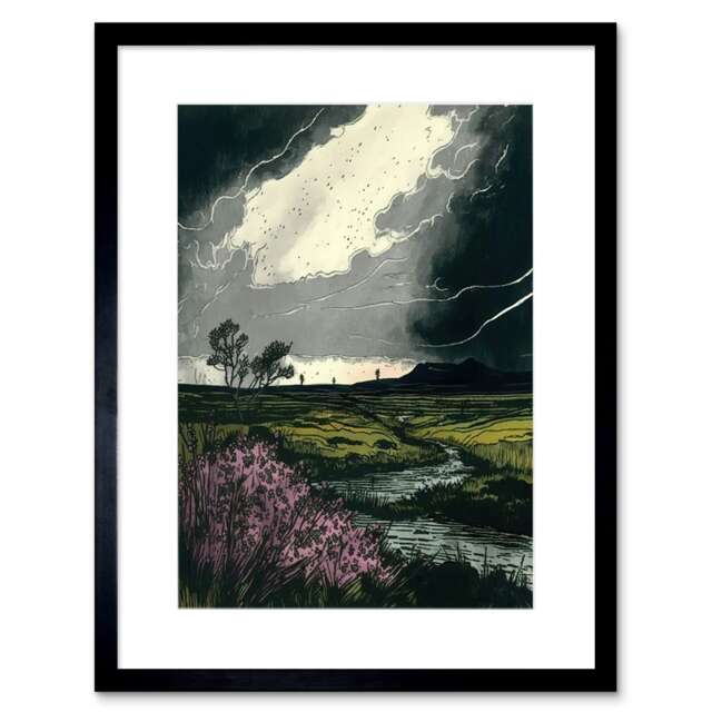 "Storm Clouds at Scottish Meadow Heather Shrub 9x7"" Black Framed Wall Art Print"