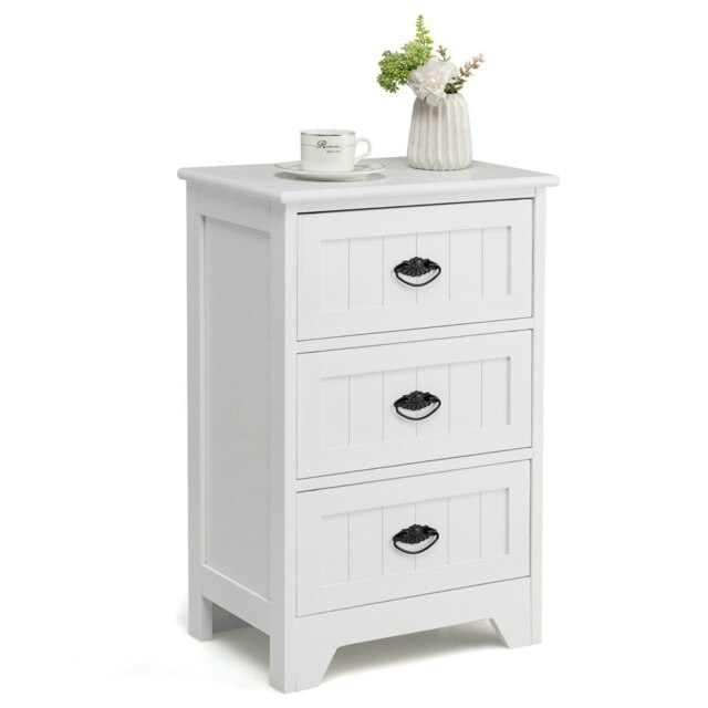 COSTWAY Wood 3-Drawer Nightstand Accent End Table White White