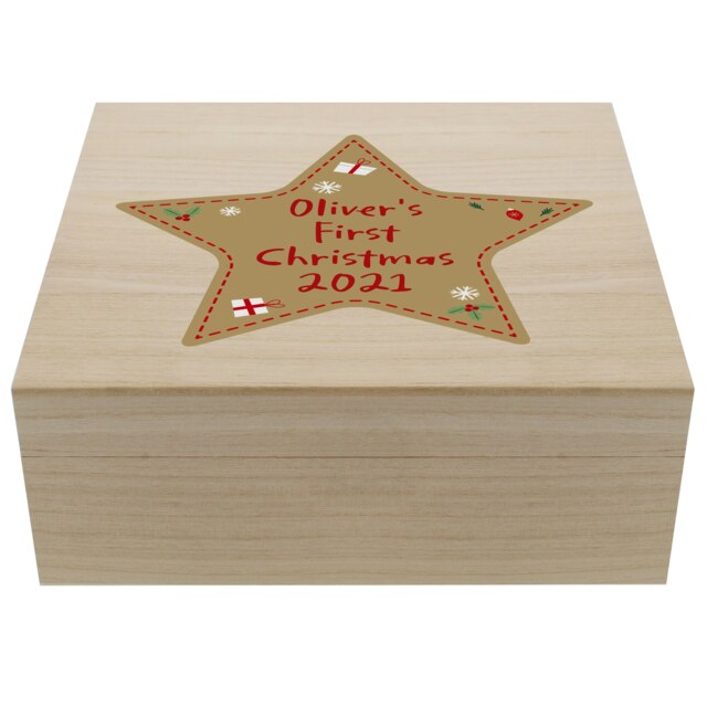 Personalised Christmas Star Large Wooden Keepsake Box Brown