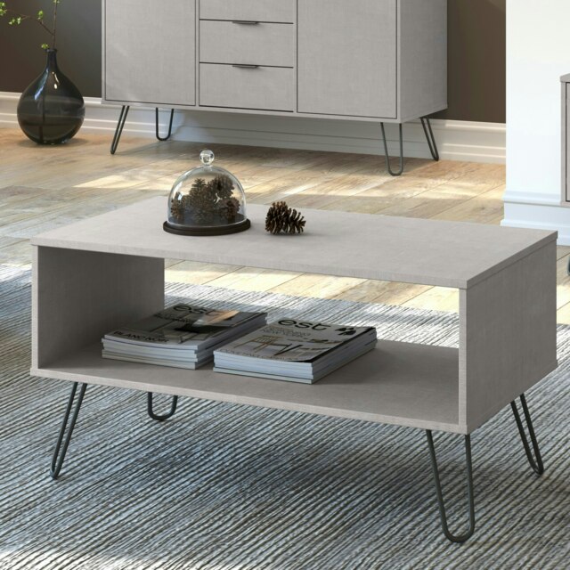 Augusta Industrial Open Coffee Table With Undershelf - Solid Wood Top and Black Metal Hairpin Legs Grey Grey One Size 1