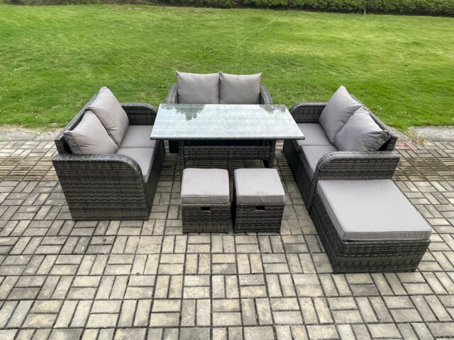 Fimous 9 Seater Outdoor Rattan Garden Furniture Set with Patio Rectangular Dining Table Love Sofa 3 Footstools Dark Grey Mixed