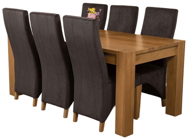 Kuba 180 x 90 cm Chunky Oak Dining Table and 6 Lola Fabric Chairs Black Black