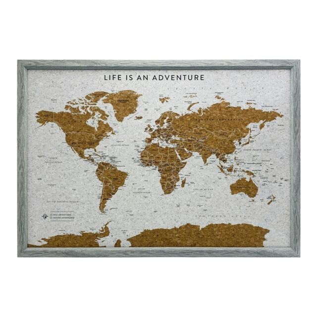 Splosh Travel Map Cork Board World Medium Grey Wood Grey Cork Backing, Grey Wood Frame