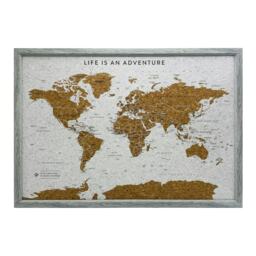 Splosh Travel Map Cork Board World Medium Grey Wood Grey Cork Backing, Grey Wood Frame