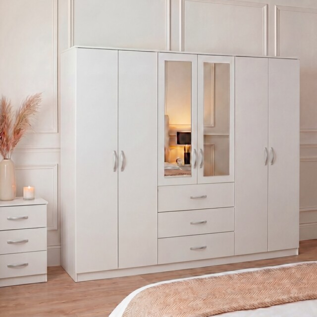 Vida Designs Riano 6 Door 3 Drawer XX-Large Mirrored Wardrobe, White