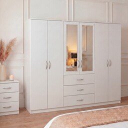 Vida Designs Riano 6 Door 3 Drawer XX-Large Mirrored Wardrobe, White