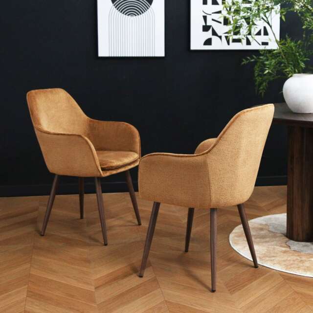 Muse - Pair of Chairs in Woven Yarn Fabric Set of 2 Dining Chairs Orange with walnut effect legs