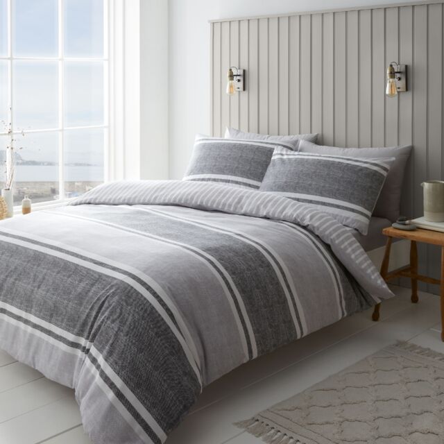 Textured Banded Stripe Reversible Duvet Cover Set Grey Charcoal Grey Double