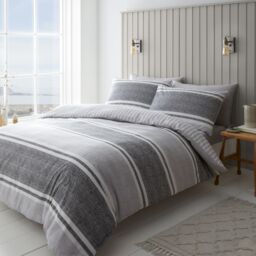 Textured Banded Stripe Reversible Duvet Cover Set Grey Charcoal Grey Double