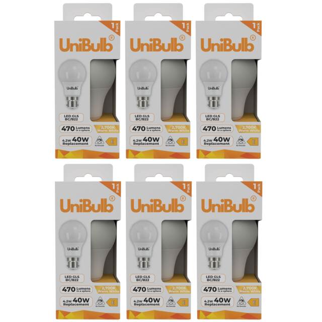 UniBulb LED GLS B22 Bayonet Cap (BC) 470lm 4.2W (Replaces 40W) 2700K (Warm White) Light Bulb - Pack of 6