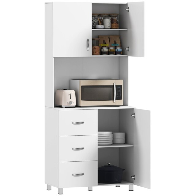 HOMCOM 183.5cm Free standing Kitchen Cupboard, Storage Cabinet with Doors and Sheleves, 3 drawers and Open Space, Adjustable Height Storage Unit, White