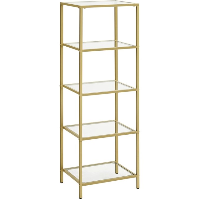 5-Tier Glass Display Shelf Bookcase with Tempered Shelves, Metallic Gold