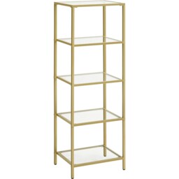 5-Tier Glass Display Shelf Bookcase with Tempered Shelves, Metallic Gold