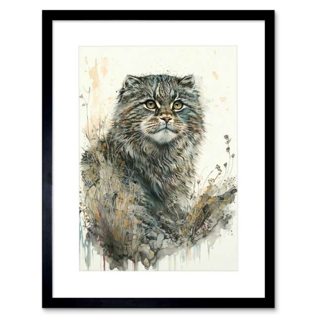 "Manul Pallas Cat Portrait Wildflowers Watercolour 9x7"" Black Framed Wall Art Print"