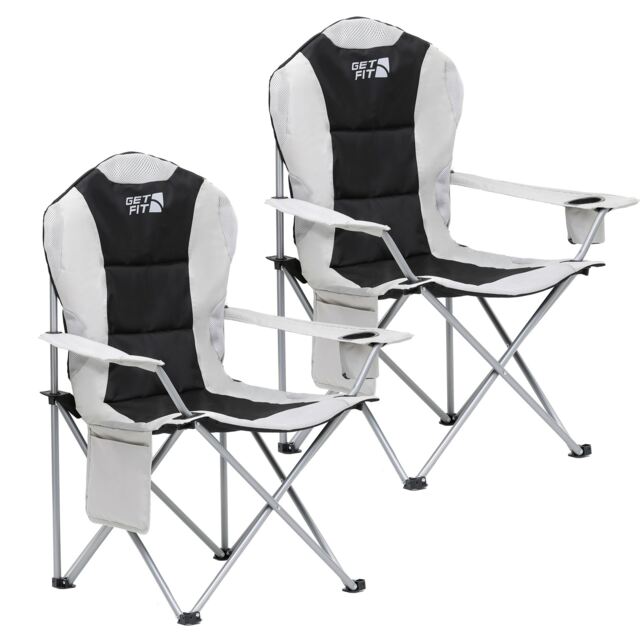 Get Fit Premium Folding Camping Chair - Thick Padded With Magazine Pocket, Cup Holder & Carry Bag - Lightweight 3Kg - Capacity 130Kg - 2 Pack Grey Black / Grey 2