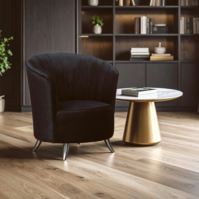 Orsina Black Tub Chair, Stylish Office Chair, Classy Velvet Chair, Round Velvet Upholstery Chair for Lounge
