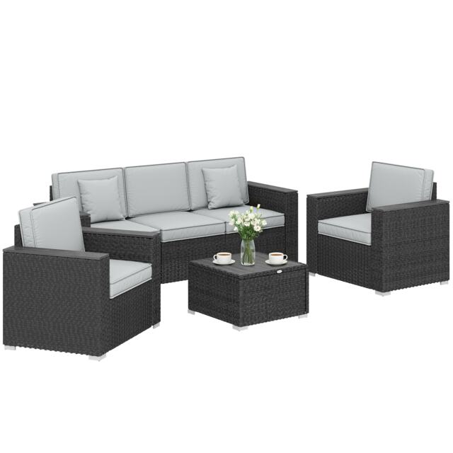 Outsunny Rattan Garden Furniture Set with Wide Armrests, Cushions, Dark Grey Grey Dark Grey 198 x 66 x 70 cm (sofa)