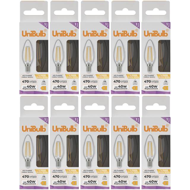 UniBulb LED Filament Candle E14 Small Edison Screw (SES) 470lm 4W (Replaces 40W) 2700K (Warm White) Light Bulb - Pack of 10