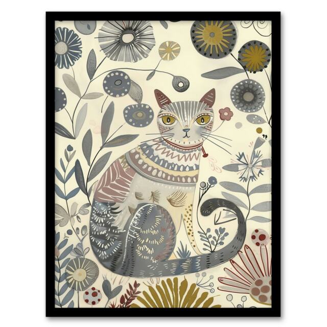 Rustic Cat Wildflower Field Bright Floral Black Framed Wall Art Print A4