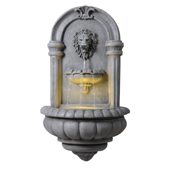 Teamson Home Lion Head Wall-Mounted Garden Fountain LED Lighting, Natural Stone