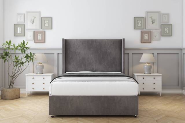 "Sloomy Devonshire Slate Naples Divan Bed With Mattress No Drawers With 54"" Wingback Headboard 4'6 Double Grey Slate Double 1"
