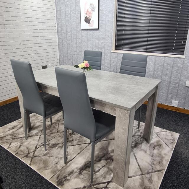 Modern Grey Dining Table Set with 4 Grey Faux Leather Chairs - Dining Room Furniture