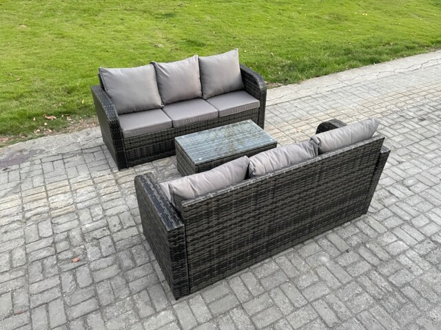 Fimous Outdoor Garden Furniture Sets 6 Seater Wicker Rattan Furniture Sofa Sets with Rectangular Coffee Table 3 Seater Sofa