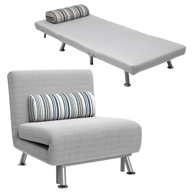 HOMCOM Convertible Chair Bed, 3-in-1 Linen Sleeper Chair with Adjustable Backrest, Pillow, for Living Room, Bedroom, Light Grey