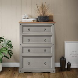 Mercers Furniture Corona Grey Wax Compact 4 Drawer Chest of Drawers Solid Wood Pine Wooden Bedroom with Mexican Styling
