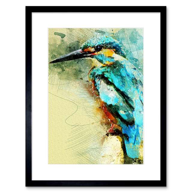 "Kingfisher Bird Painting Nature Animal Lover 9x7"" Black Framed Wall Art Print"
