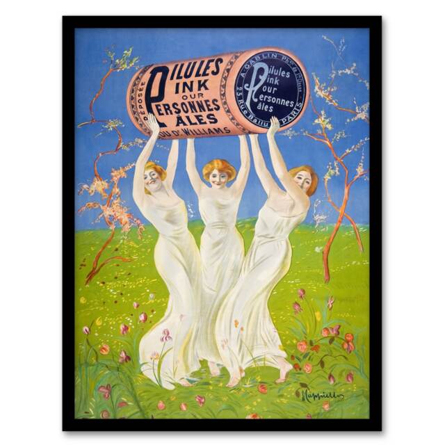 "Pink Pills Pale People Advert Vintage Framed Wall Art Print Cappiello 12x16"""