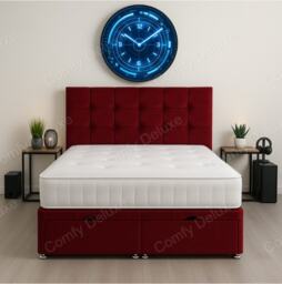 End Opening Ottoman Divan Bed Set Maroon Plush Velvet 6ft Super king