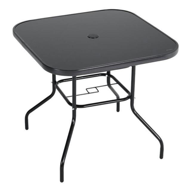 Living and Home Square Tempered Glass Metal Table with Parasol Hole - Black