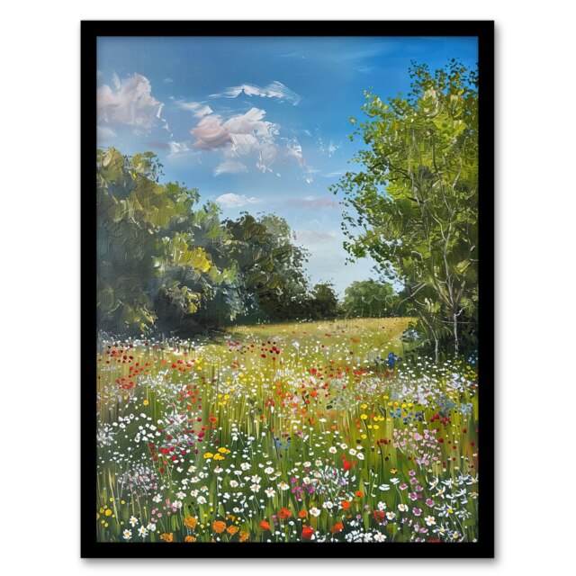 Wildflower Meadow Landscape Oil Living Room Black Framed Wall Art Print A4