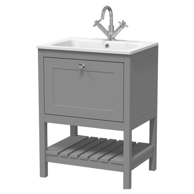 Balterley Coppenhall Contemporary 1 Drawer Floor Standing Vanity Unit with Stone Basin, Cool Grey, 600mm