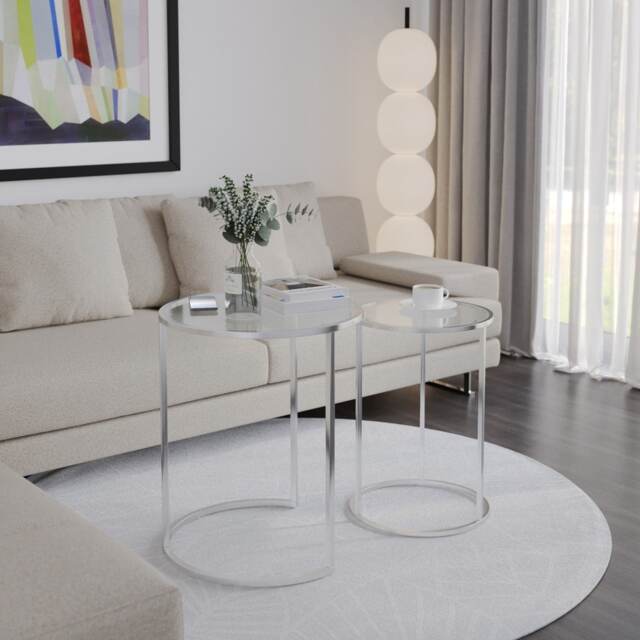 2 Piece Round Nesting Side Tables Set Tempered Glass Top Metal Leg Coffee Tables Multi Chrome Legs Transparent Glass