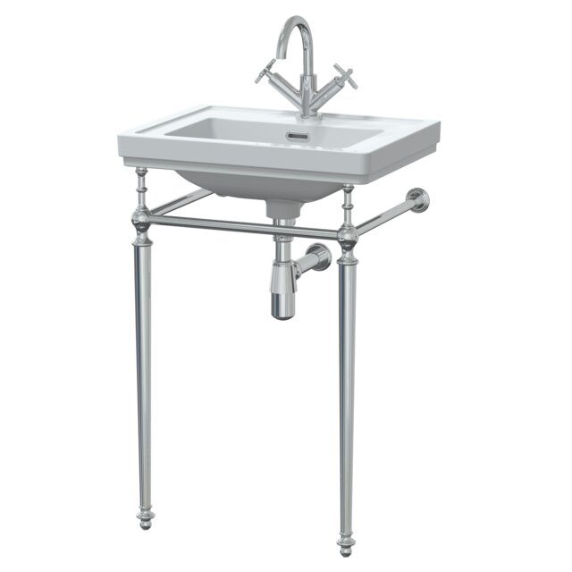 Traditional 1 Tap Hole Fireclay Basin with Luxury Wash Stand & Bottle Trap - 500mm - Chrome