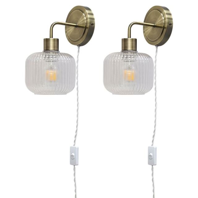 Set of 2 Toby - Antique Brass Plug in Wall Lights Barrel Ribbed Glass